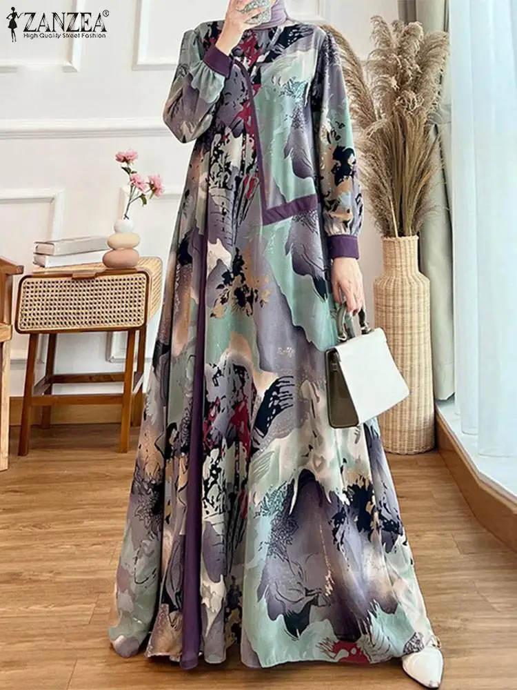 Zanzea Herbst mode Langarm gedruckt Vestidos Robe Femme Bohemain Patchwork Maxi langes Kleid Muslim Abaya Casual Kaftan 2024