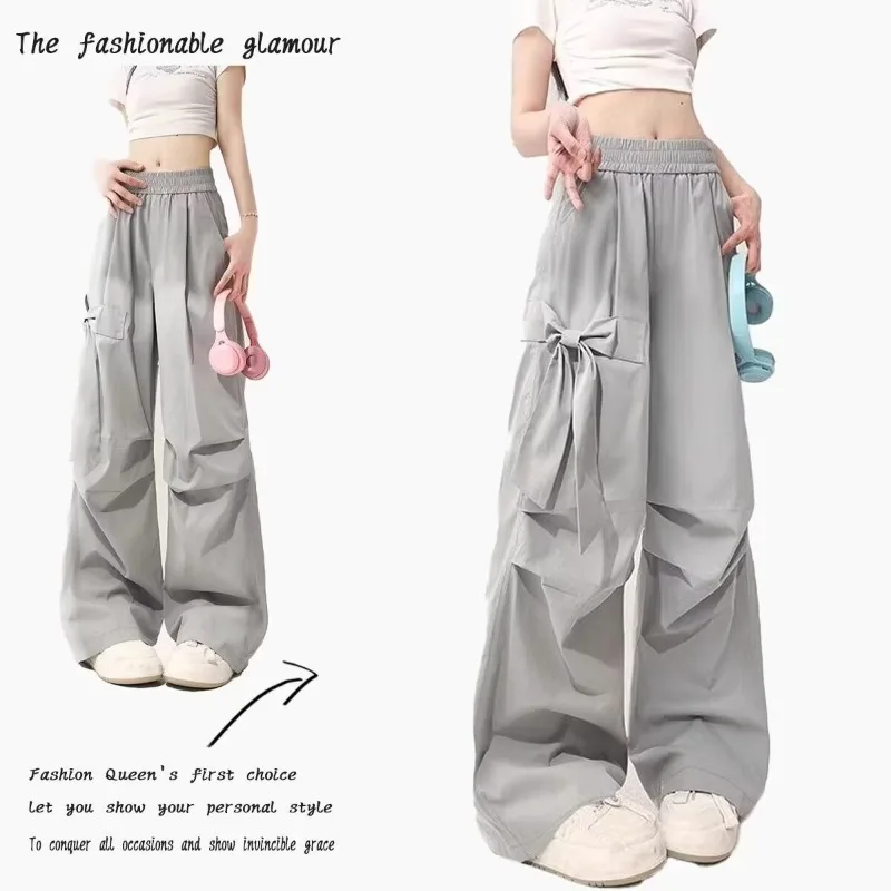Women Summer Bow Gray Work Pants Student Girl High-Waist Wide-Leg Pants Woman Casual Sports Long Pants Teen Loose Lady Casual