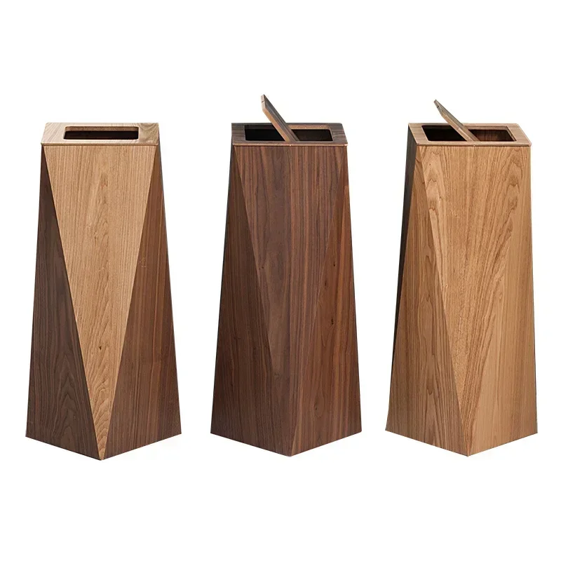 Wooden Creative Garbage Bin With Cover Nordic Net Red Light Luxury Bathroom Trash Can Hotel Office Home Stay Waste Disposer