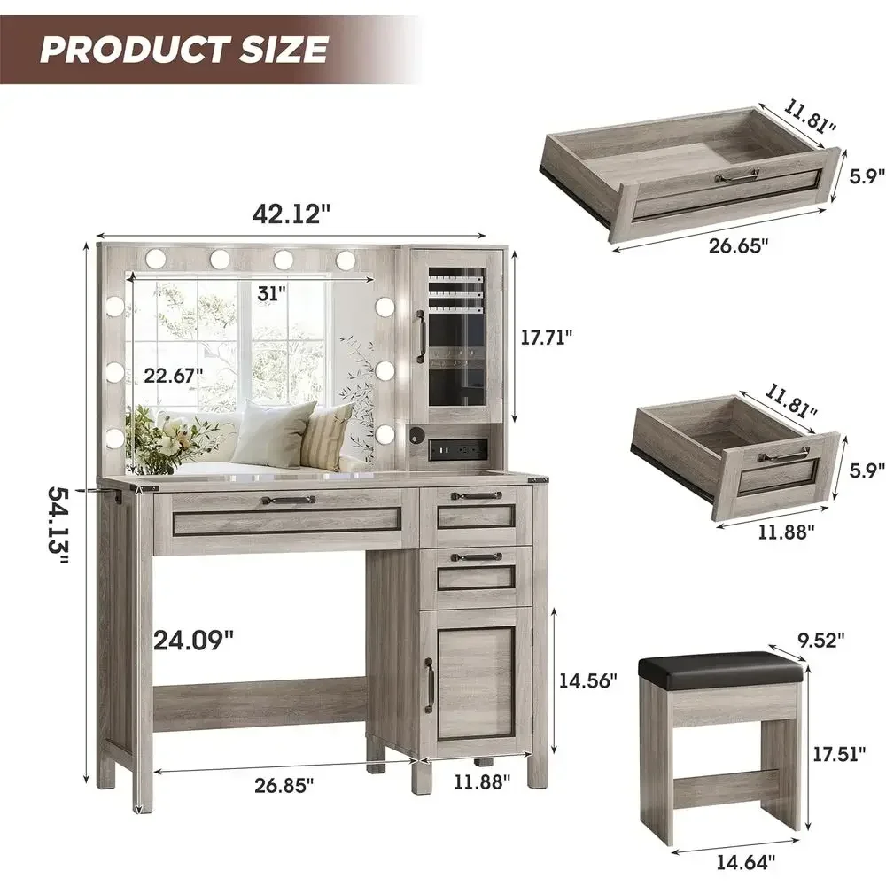 Modern Vanity Desk with Mirror, Glass Top, Makeup Organizer, Charging Station & Stool, 3 Drawers, 2 Cabinets, 3 Lights (Grey)