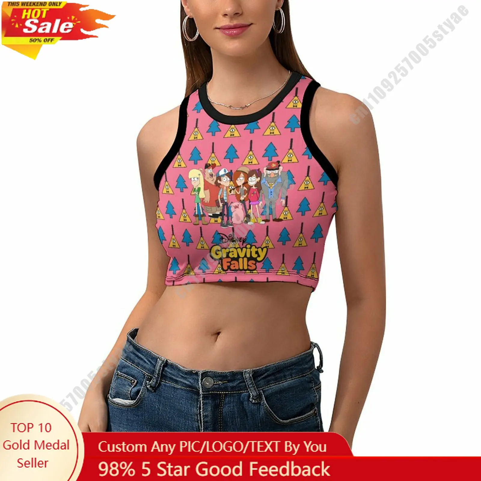 

Gravity Falls Vest Disney Pattern Custom Photo Text Crop Tank Racerback Vest Personalized Graphic Sleeveless Crop Top
