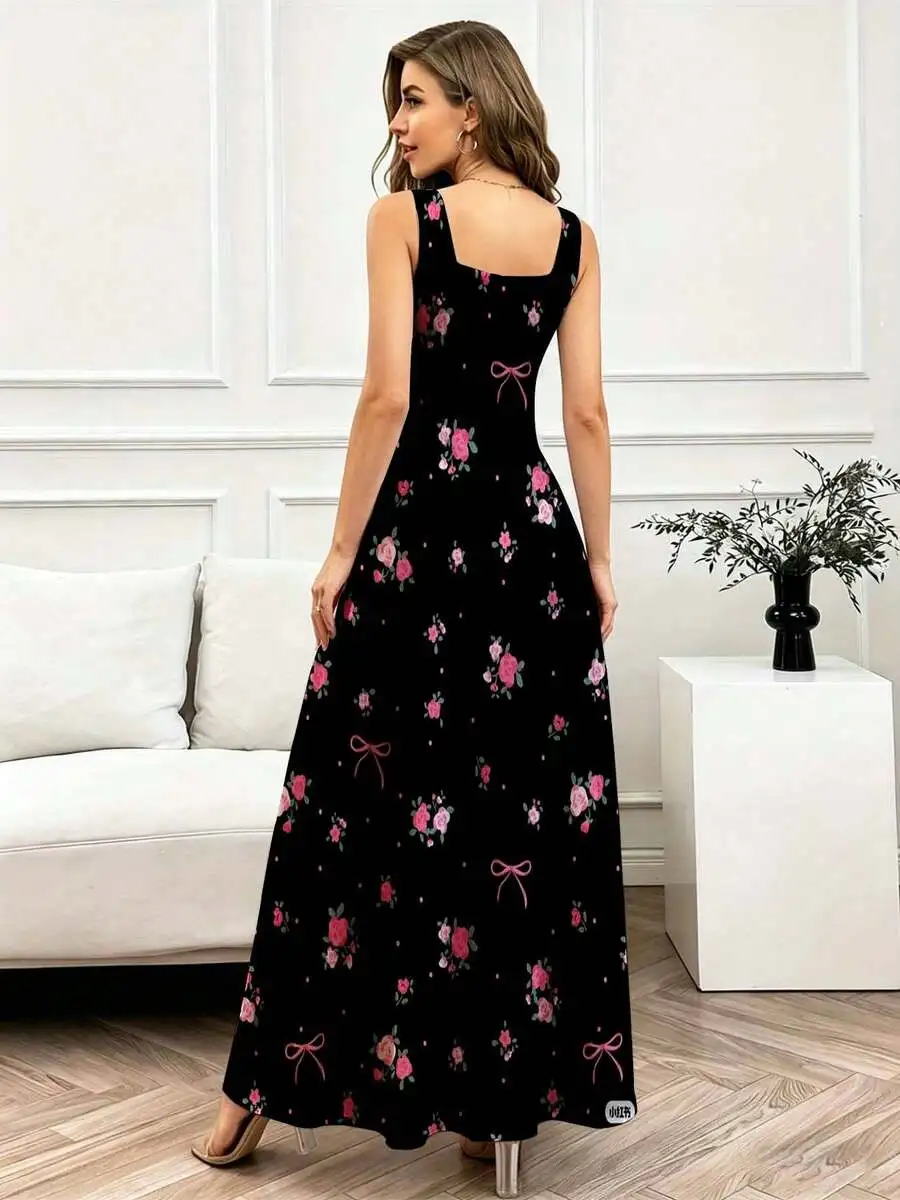 

Square Neck Floral Print Maxi Dress With Bow Details For Women Casual Elegant Outfit