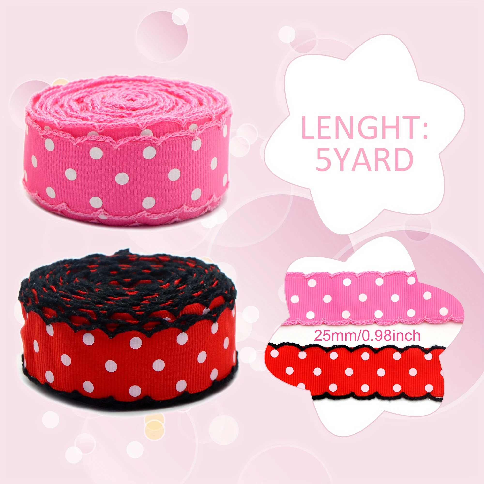 5 Yard Polka Dot Grosgrain Ribbon 25mm, Perfect for Wedding, Gift Wrapping, Bow Making & Other Projects