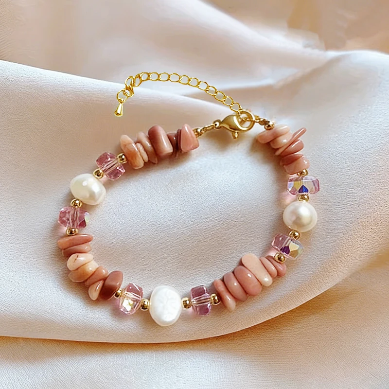 Retro Unregelmäßiges Rosa Naturstein-Perlenarmband für Damen Süßes Accessoire Modischer Schmuck 2026 Trendiges Handgelenk-Accessoire – Detail 8