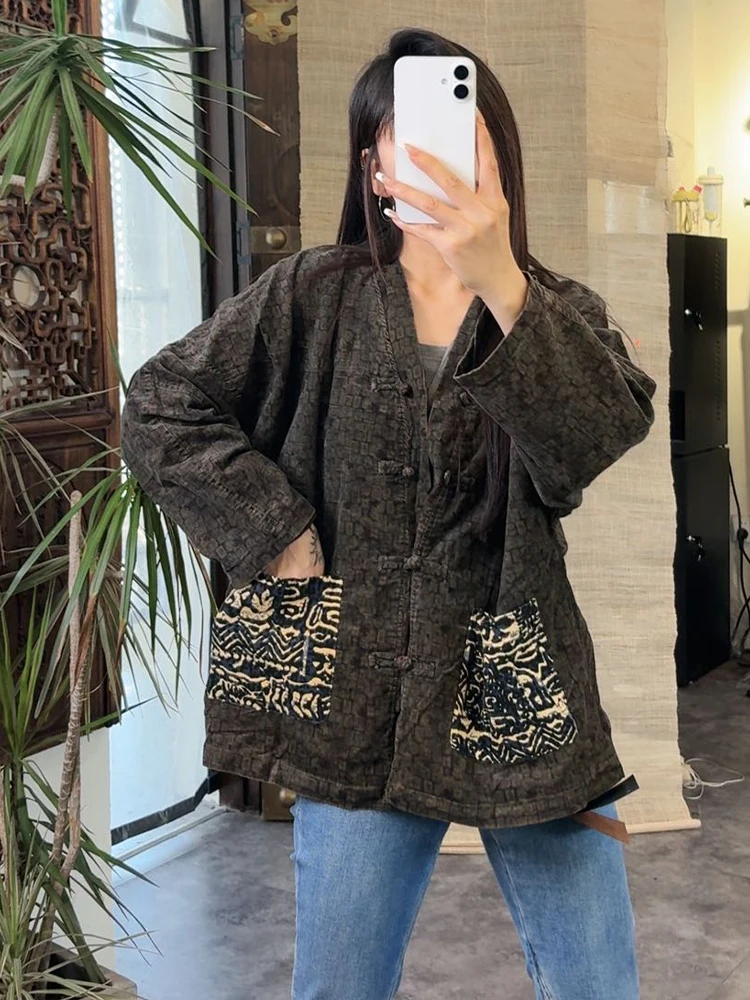 Amax LuluE الصينية 2025 معاطف الموضة الفضفاضة النساء خمر المطبوعة الكلاسيكية سترة السيدات الفاخرة الأزهار القطن الكتان فاسق الملابس