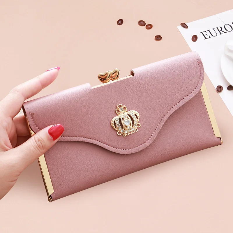 

Korean Fashion Clutch Crown Diamond Mobile Phone Bag PU Leather Ladies Long Dinner Bag Photo Credit Card Holder Gift Wallet