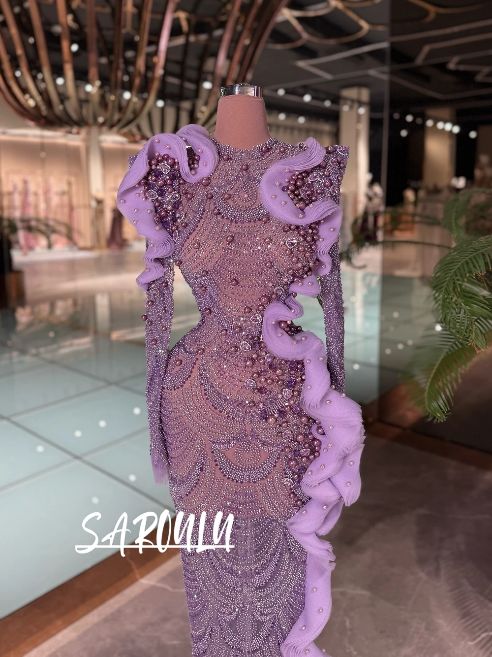 

Luxury Lilac Bodycon Evening Gown Sheer Neckline With Pearl & Crystal Beads and 3D Ruffles Chic Birthday Party Prom Dress