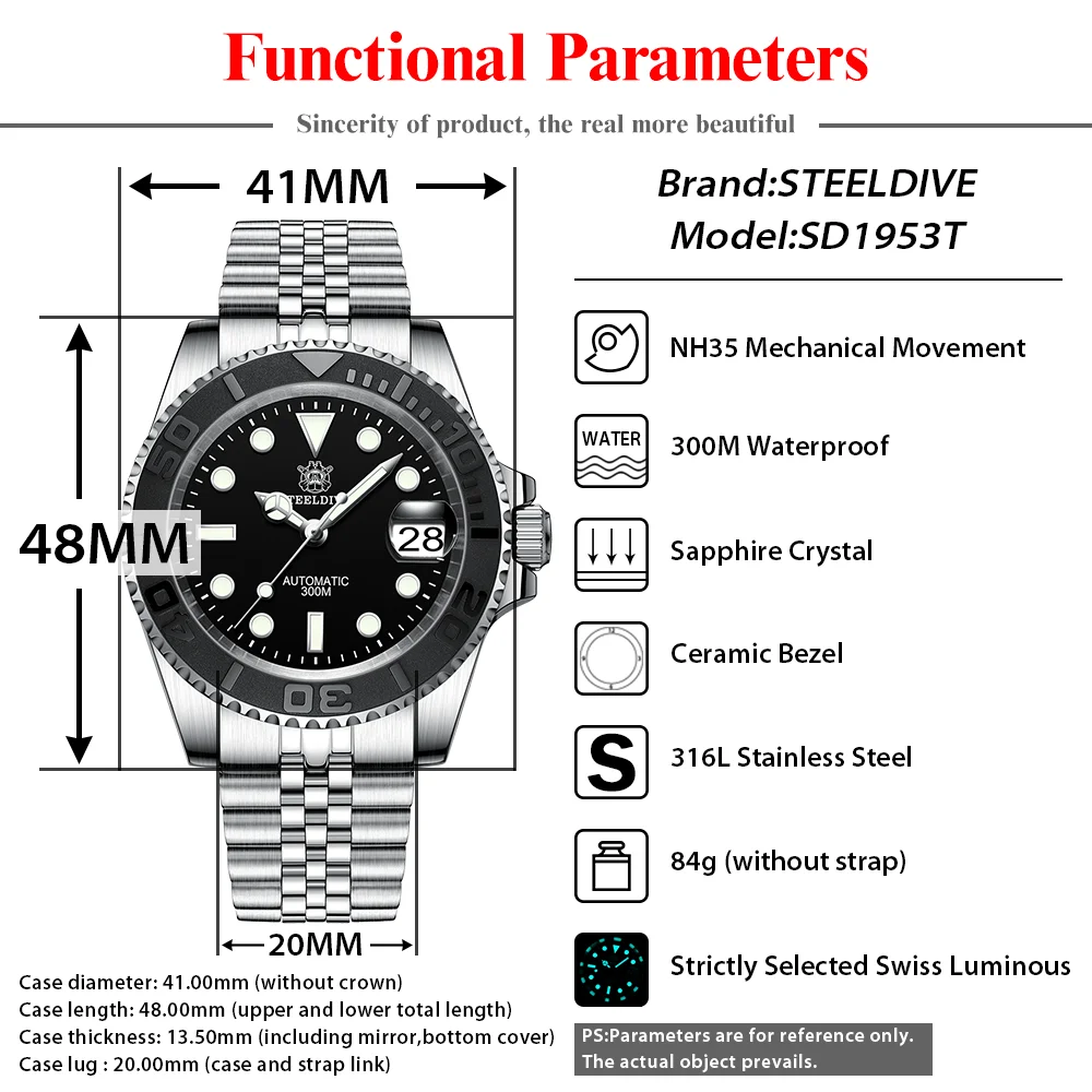 STEELDIVE SD1953T Water Ghost Swiss BGW9 azul luminoso NH35 Movimiento 30bar impermeable calendario lupa reloj de buceo mecánico