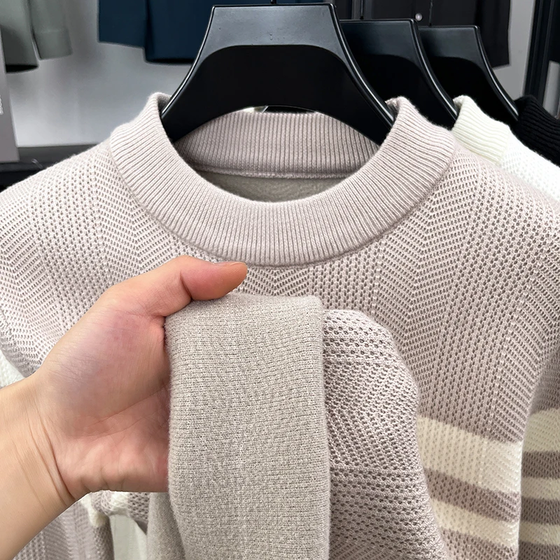 men's autumn winter long sleeves high quality sweater round neck stripe keep top warm knitwear leisure innerwear men's clothing