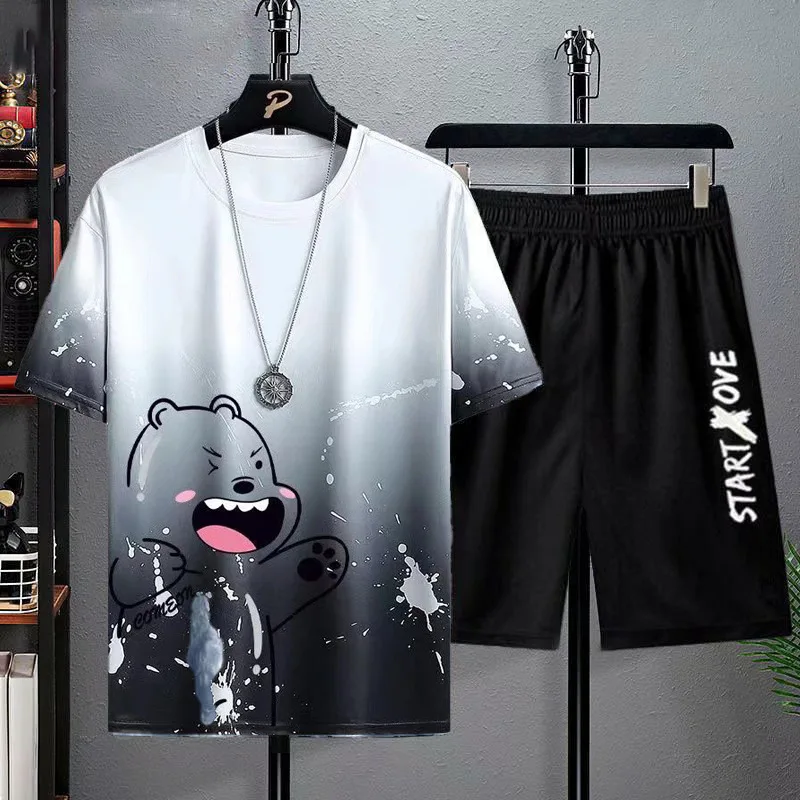 2Pcs/Set O-Neck Short Sleeve Elastic Waistband Casual Outfit Pockets Ice Silk Men Gradient Color Letter Print T-shirt Wide Leg S