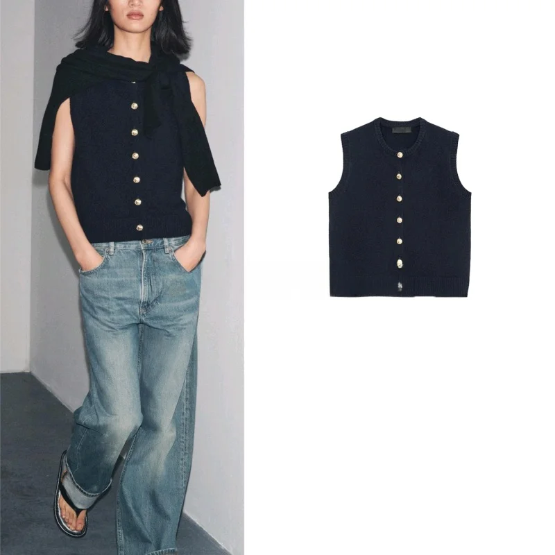 Neue Herbst frauen runde Ne Svel Weste Mit Knöpfen Rippen Gestrickte Casual Sle Polyester Faser Oberbekleidung