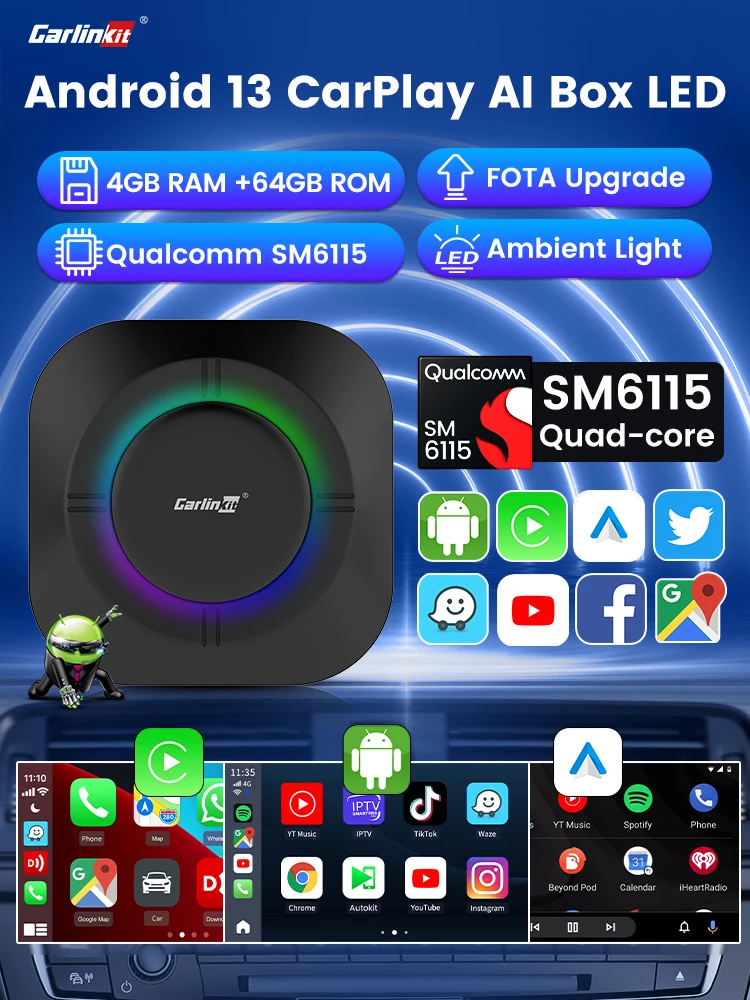 CarlinKit Android 13 LED AI Box Kabelloses CarPlay Kabellose Android Auto Smart Car Multimedia Box Qualcomm 8-Core Chip SD-Karte Erweiterbar auf 512 GB Unterstützt Online-Video