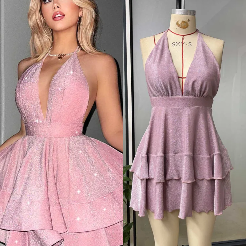 

Pink Glitter Deep V Neck A Line Mini Dress Women Sleeveless Ruffle Hem Backless Short Dress Slim Fit Party Prom Evening Birthday