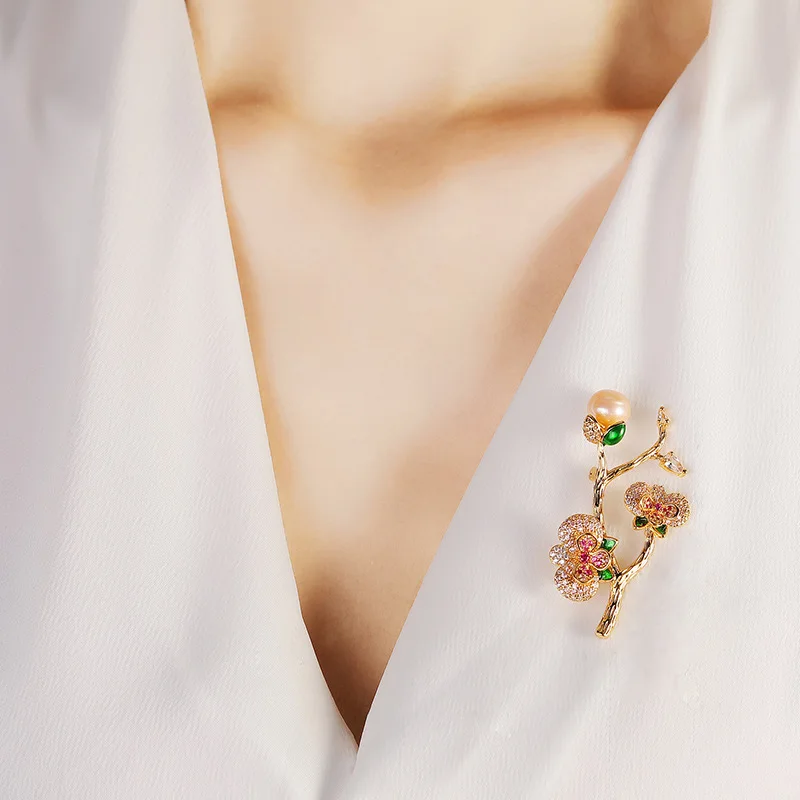 بروش زهر البرقوق، الزركون ولؤلؤ المياه العذبة، دبوس معطف أنيق للنساء #3