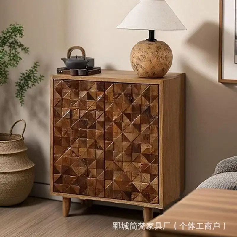 Retro sofa side storage cabinet Solid wood parquet tea set Water cup locker Double door Old elm short tea