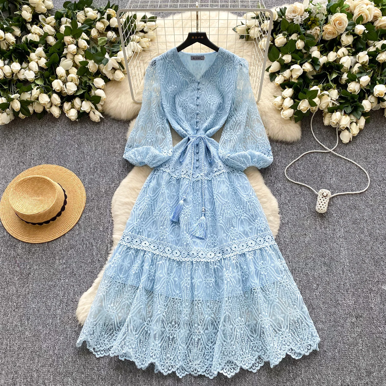 

2025 French Style High-End Elegant High Street Dress Lace Up Slim Waist Lantern Sleeve Vestidos Embroidery Mesh Big Swing Robe