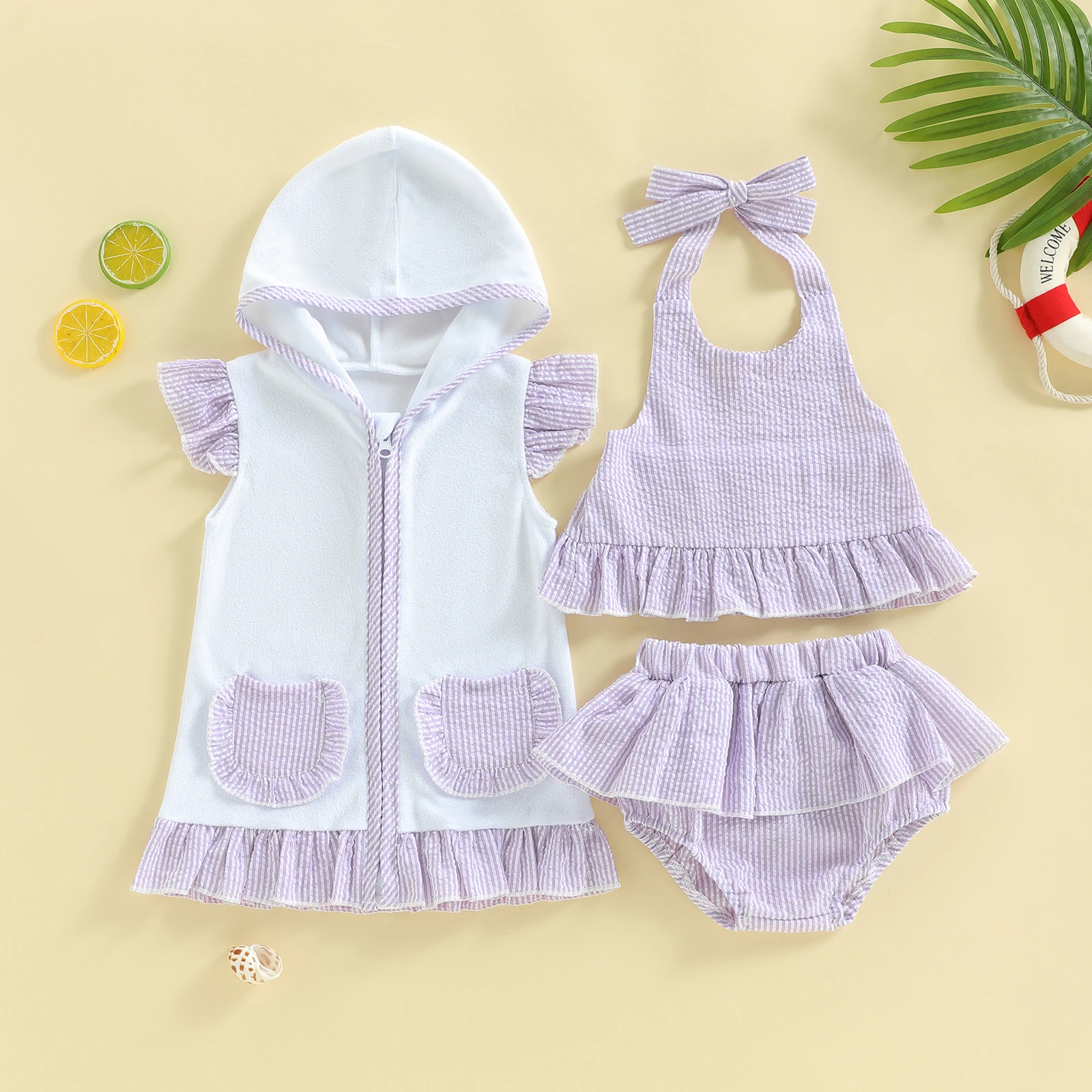 Lovely Toddler Baby Girls Three Piece Swimsuit Sleeveless Halter Top Bikini Bottom Cover-up Set Bathing Suits