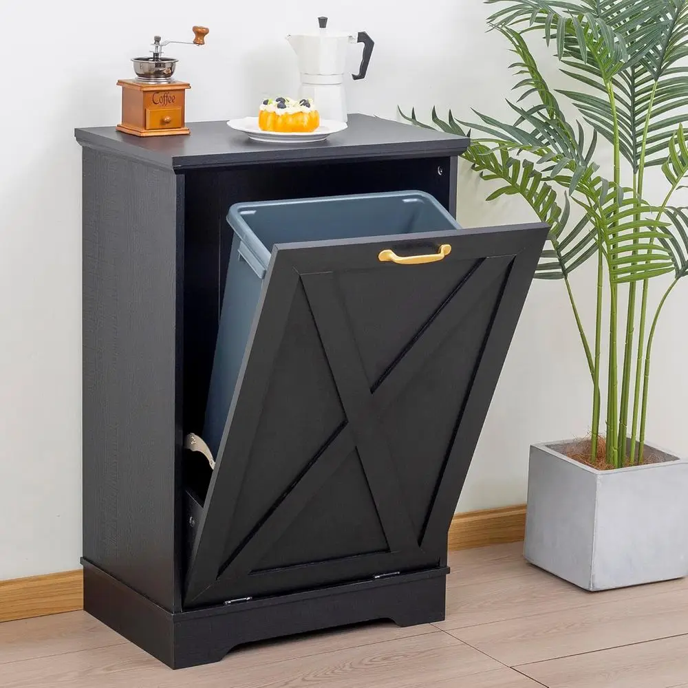 

13 Gallons Tilt Out Trash Cabinet, Hidden Trash Can Cabinet Wooden Tilt Out Pet Proof Hidden Trash Bin Cabinet for Kitchen (Blac