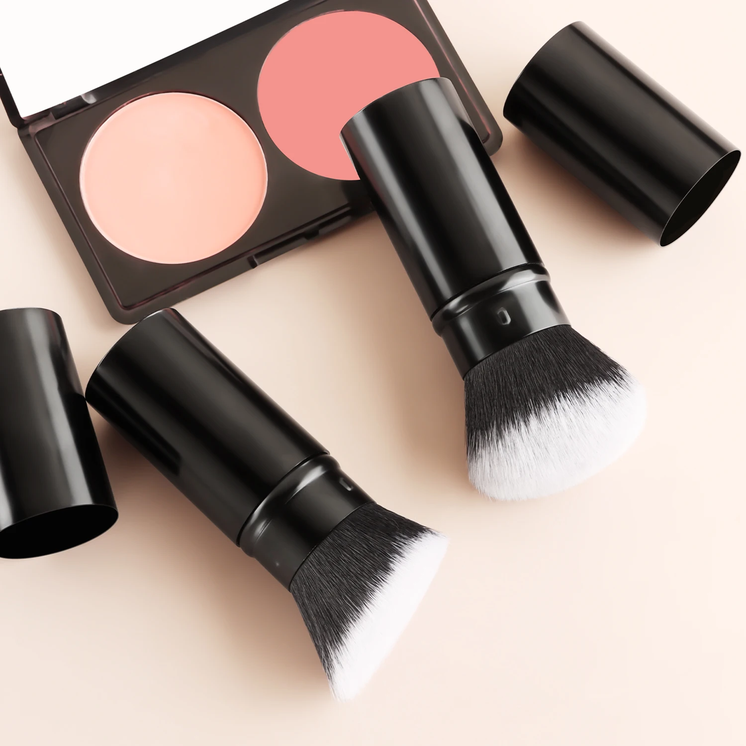 2Pcs Retractable Makeup Brushes, Round Powder & Angled Contour Brush With Cap, Portable For Travel Daily Blush Makeup