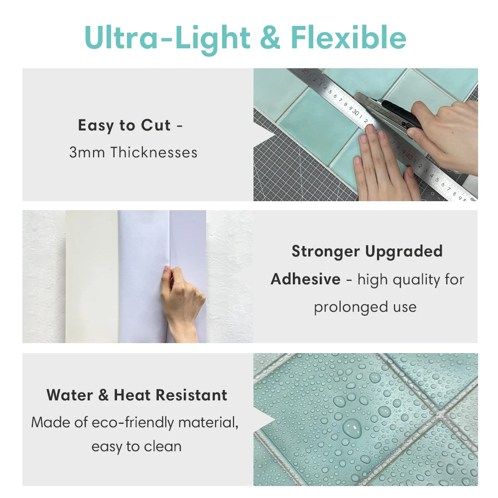 3D Tile Stickers, Self-adhesive Green Tile Backsplash for Kitchen Bathroom, Waterproof, Matt, 30 x 30cm, Interior Wall Decor
