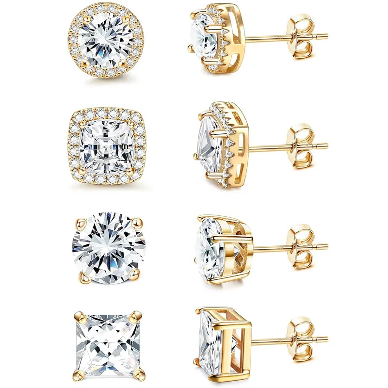 4 pares de aretes para mujeres y hombres, aretes de plata de ley hipoalergénicos chapados en oro de 18 quilates, diamantes de imitación grandes y brillantes