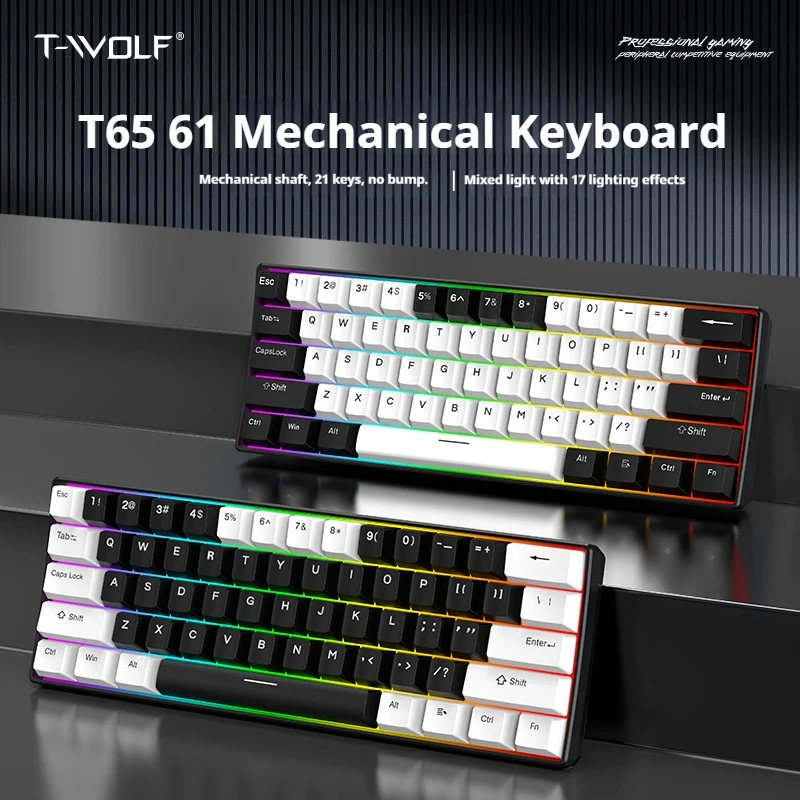 T-WOLF T65 Wired Mechanical Keyboard 61 Keys 60% Compact Layout RGB Light Effects Gaming Keyboard for PC Mac Office Gamer