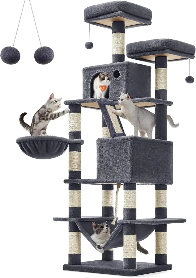 

Feandrea Cat Tree, 66.1-Inch Large Cat Tower with 13 Scratching Posts, 2 Perches, 2 Caves, Basket, Hammock, Pompoms, Multi-Level