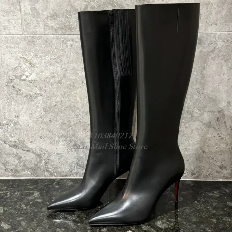 Black Patent Leather Stretch Women's Red Bottom Boots Sexy Point Toe Inner Side Zipper Stiletto Knee-High Boots Party Dance Shoe