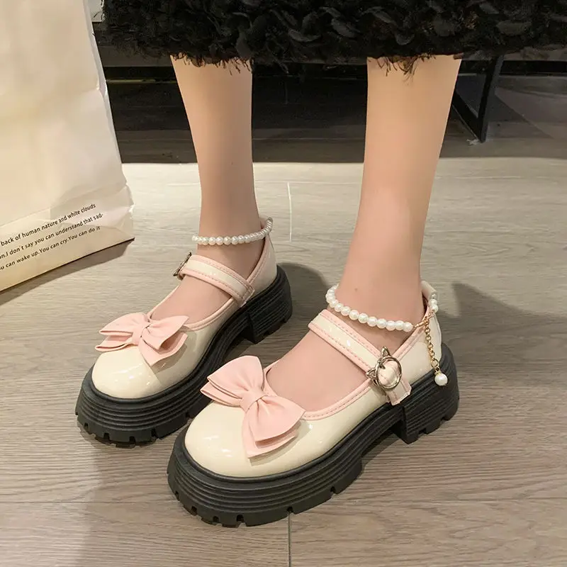 SHANPA Cute Sweet Little Leather Shoes Pink Bow Tie Versatile Mary Jane Shoes Ladies Pearl Foot Ring Comfortable Platform Shoes