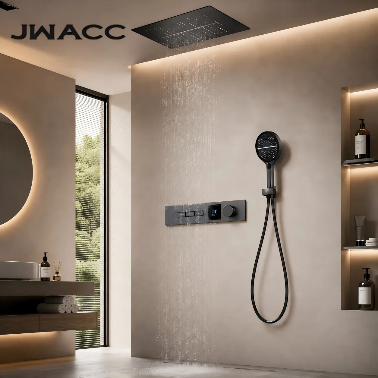 Luxury Gunmetal Brass LED Digital Display Thermostatic Shower System Ceiling Embedded Rainfall Waterfall Mixer Faucet Tap