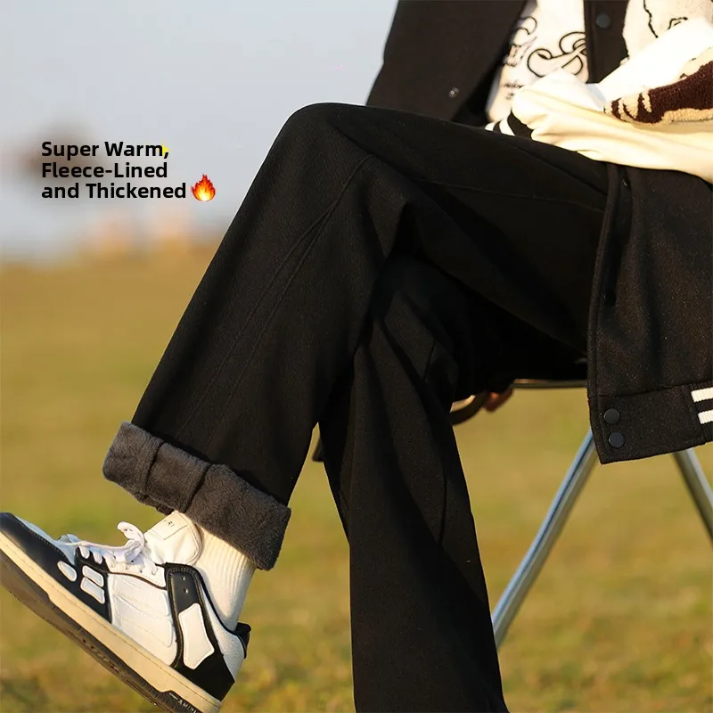 

Men's Autumn Winter Thiened Warmth Casual Pants Fce Lined Faionable Straight Leg Trousers Bla Slim Fit Winter Pants