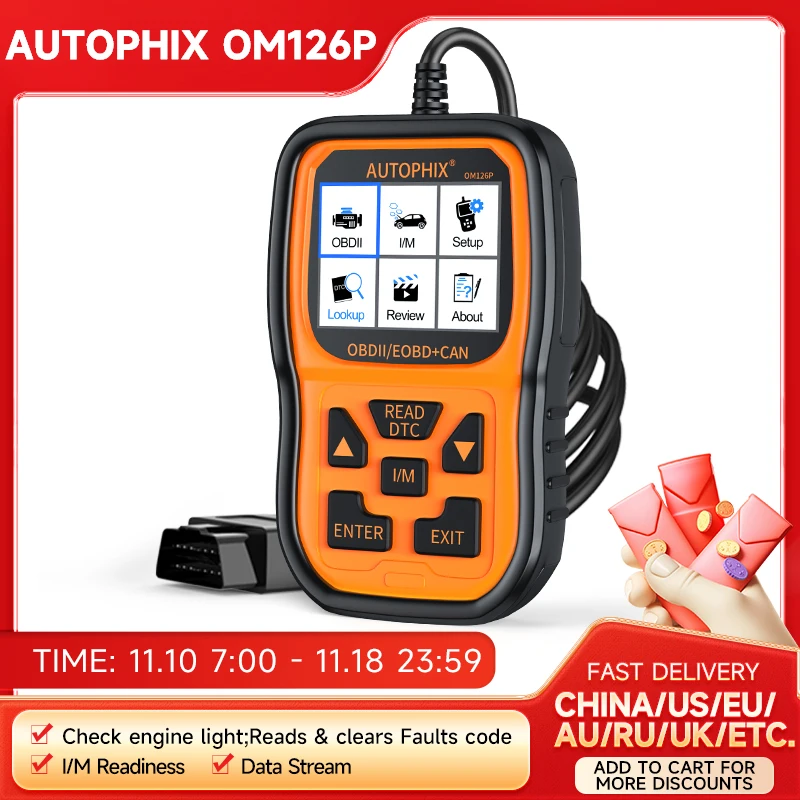 

Автомобильный сканер OBD2 Autophix OM126P, считыватель кодов, универсальные инструменты для сканирования EOBD JOBD, Автомобильный анализатор двигателя OBD2