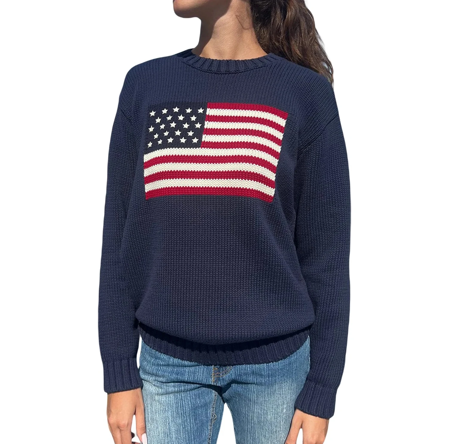 

Casual Loose Pullover KnitwearWomen American Flag Sweater Autumn Long Sleeve Crew Neck Loose Fit Knitted Pullover Tops