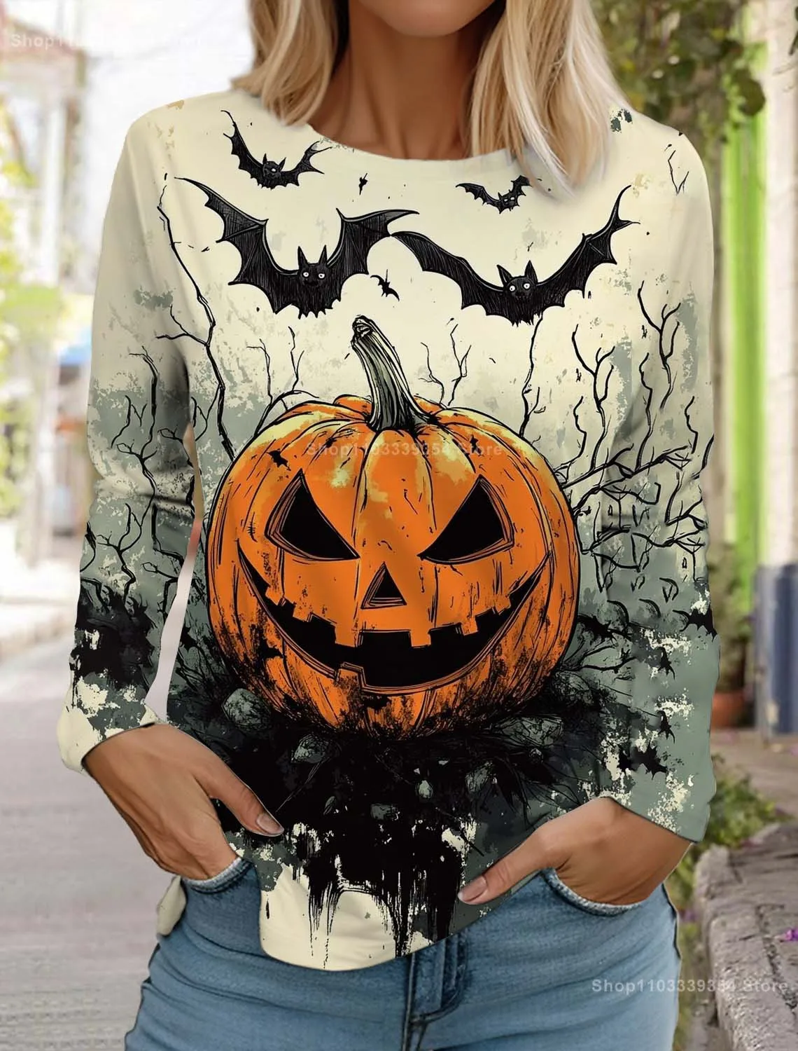 Halloween Women's long sleeved T-shirt Pumpkin 3D Printed Autumn Long Sleeve T-Shirt Autumn Casual Tops For Women Clothing Tops
