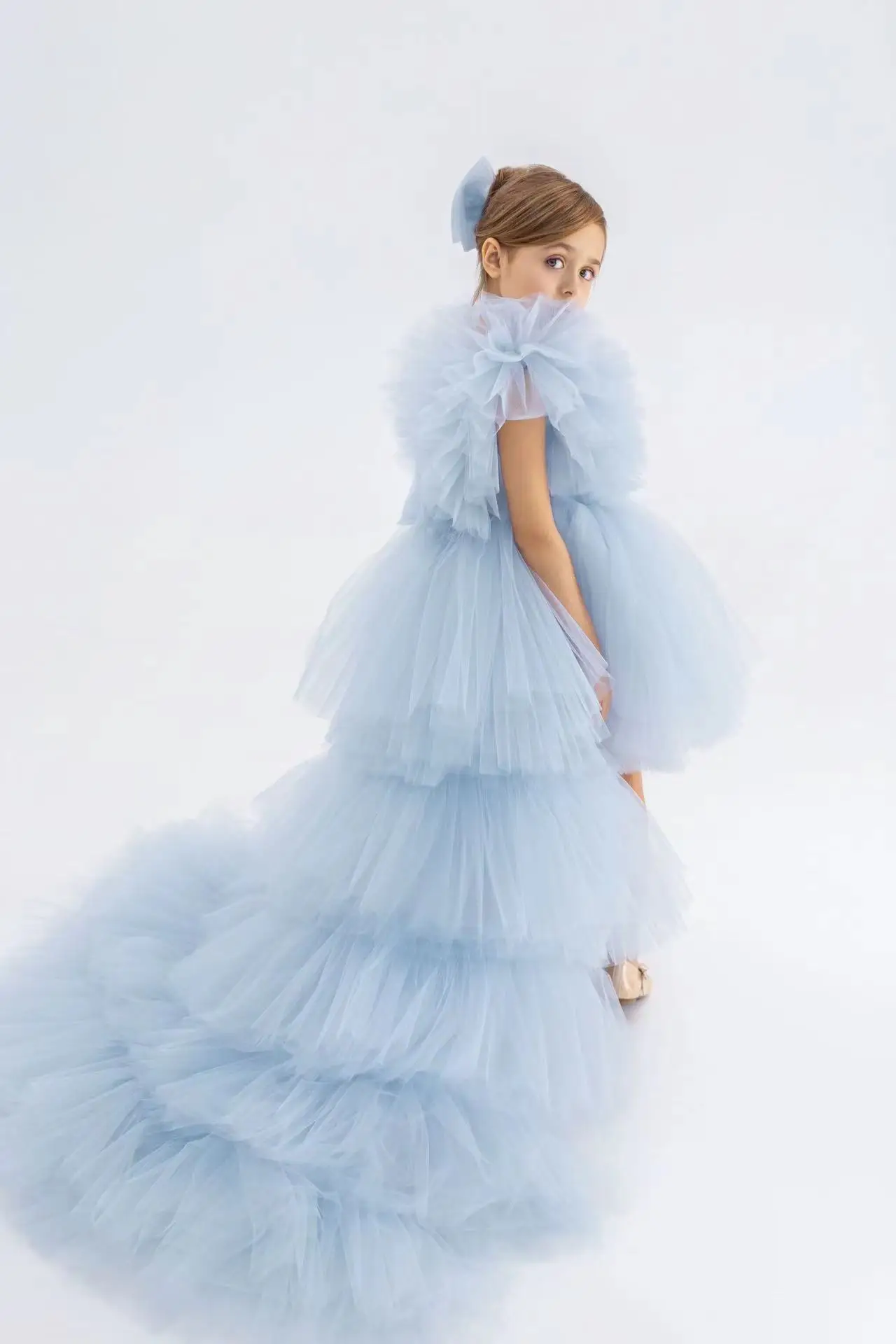 Abito da ragazza di fiore azzurro cielo per matrimonio in tulle gonfio senza maniche elegante principessa bambino primi abiti da festa di compleanno eucaristici