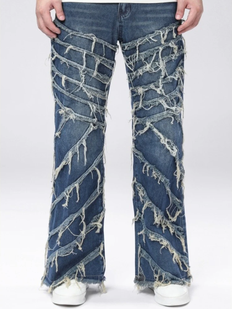 Men's Casual Style Biker Jeans Stylish Splicing Loose Straight Denim Pants American Retro HipHop Street Male Fringe Trousers