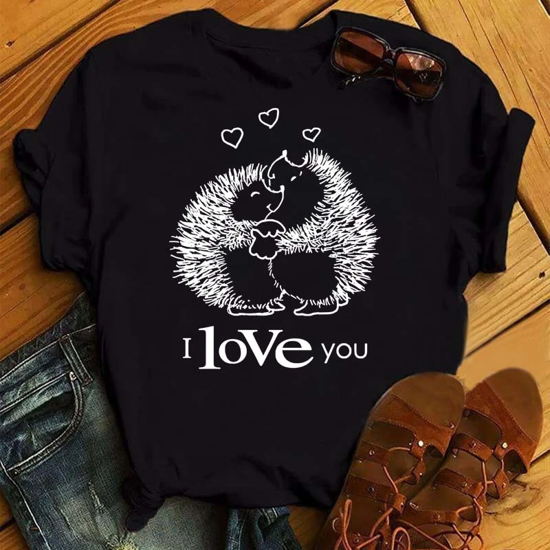 Maycaur Cute T-shirt Female Hedgehog Dandelion Print Tshirt Summer Casual Short Sleeves Tee Tops Kawaii Women Tshirt Streetwear