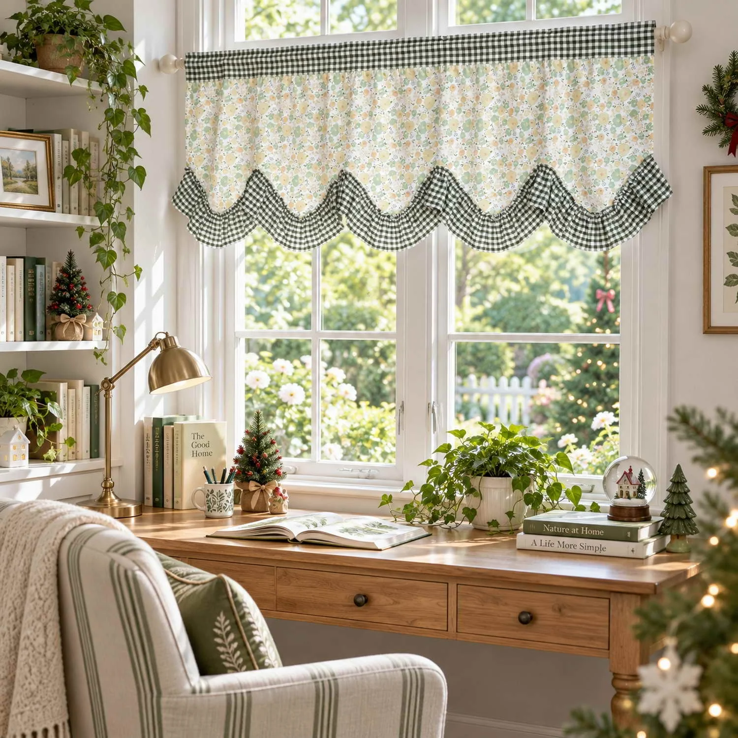 Rustic Floral Green Gingham Check Wave Ruffled Door Curtain Farmhouse Kitchen Light Filtering Privacy Curtain for Pantry Entrywa