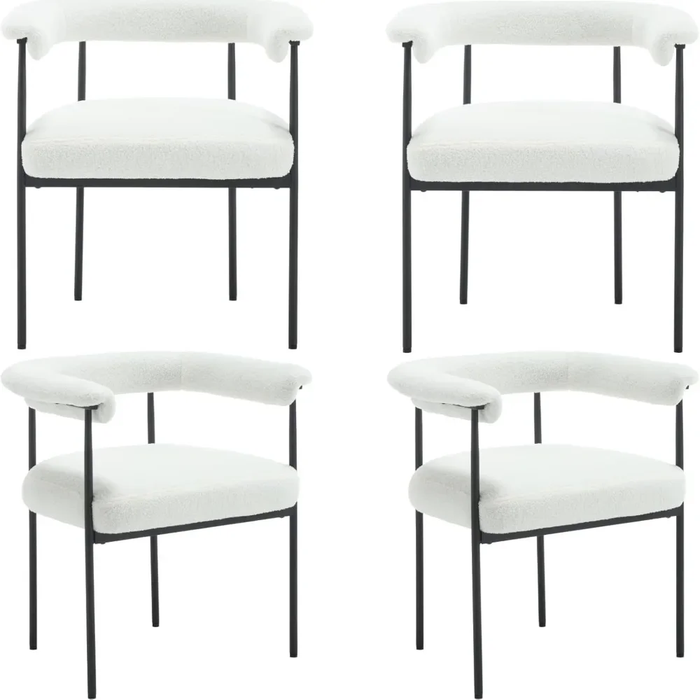 Ensemble de 4 chaises modernes, fauteuil Sherpa avec dossier tonneau, cadre en métal noir pour salon, blanc