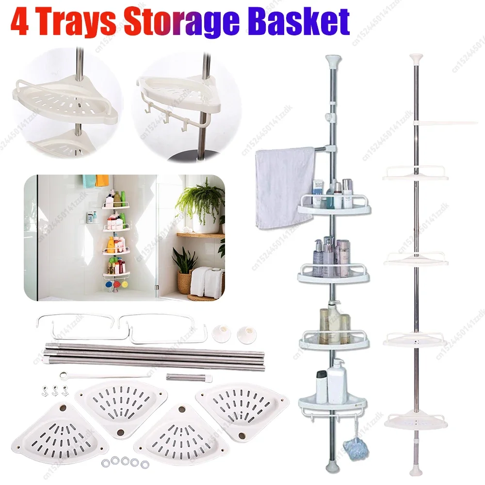 

Adjustable Telescopic Bathroom Shelf 4 Tier Shower Corner Storage Rack Shower Caddy Organizer Stainless Steel Frame Decor Shelf