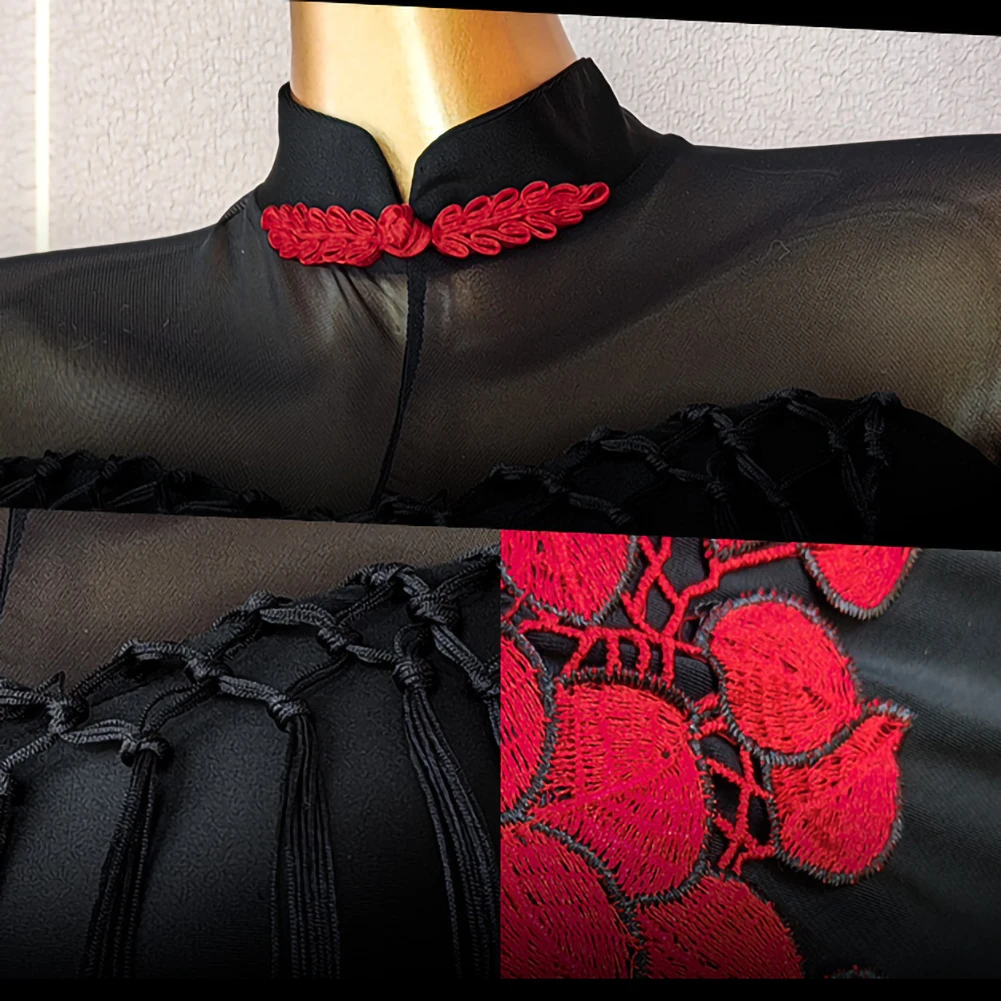 Платье для танцевальных соревнований, с длинными рукавами, одежда для самбы, латинских танцев, Cheongsam, сексуальный сценический костюм, черная одежда с открытой спиной и кисточками