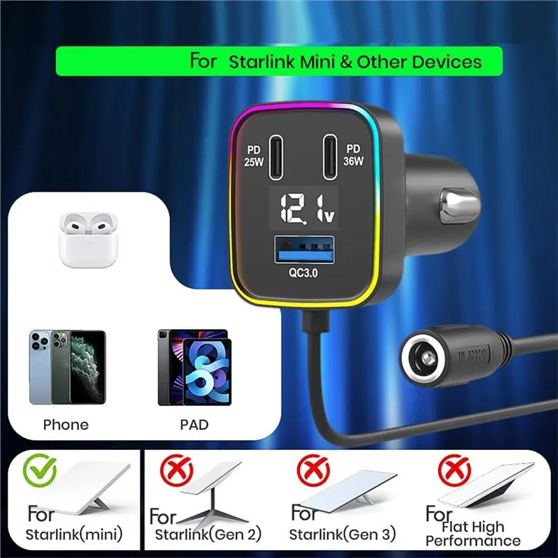 3 In 1 Car Adapter For Starlink Mini DC Power Cable