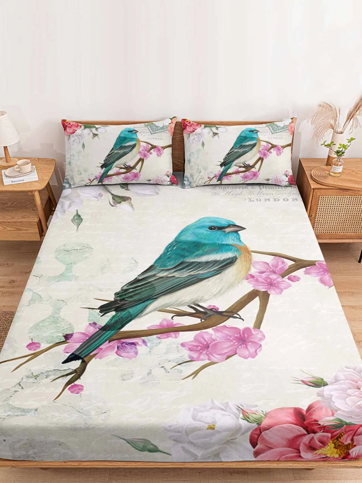 Vintage Flowers And Birds Polyester Fitted Sheet Mattress Cover Four Corners Elastic Band Bed Sheet Pilllowcase