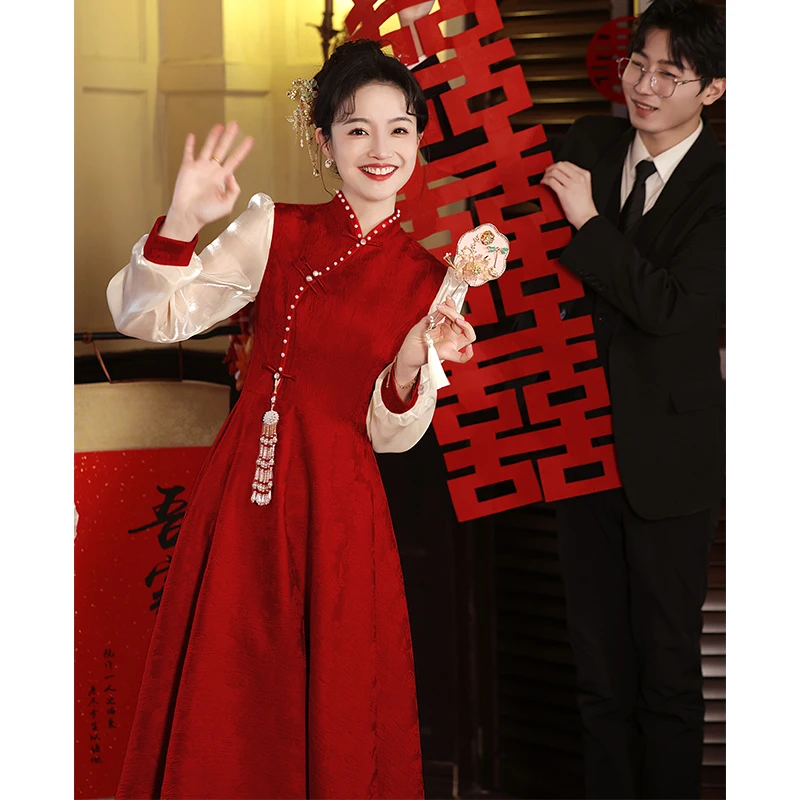

Chinese Sle Red Qipao Wedding Dr for Pregnant Women Engagement Return Home Ceremony Large Size Fat MM Celebration Clothes