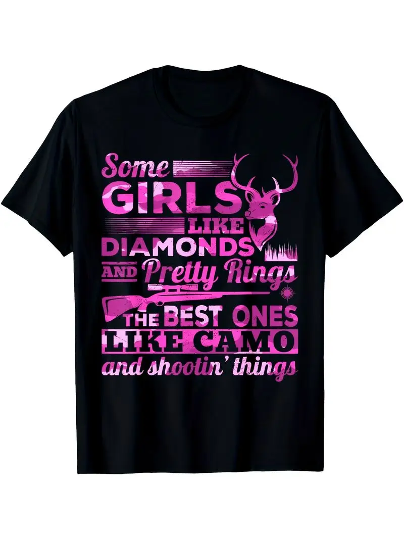 Stylish Graphic T-Shirt For Men Featuring Chic Deer Hunting Designs, Short Sleeve Crew Neck, Black With Pink Text Sizes S To 3Xl