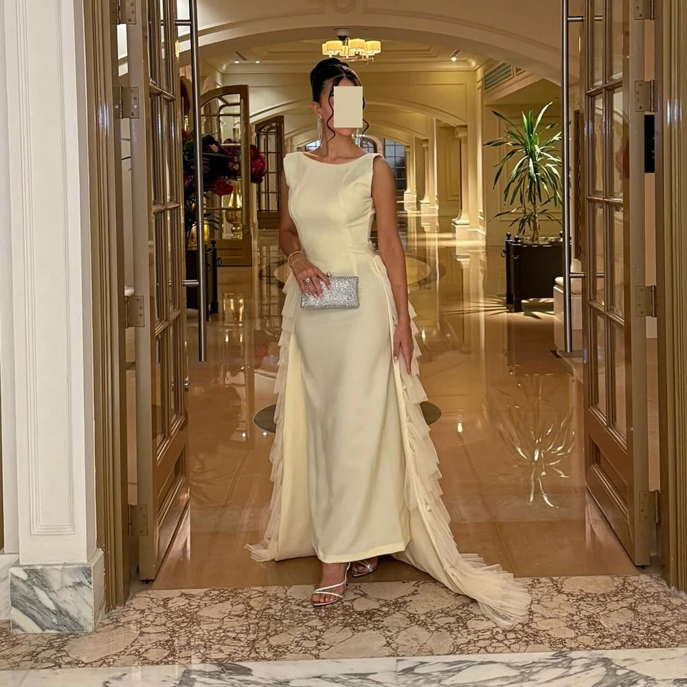 

Customized O-neck Simple Backless Jersey Evening Dress Watteau Train Ruffles Party Dress Sleeveless Ankle Length Prom Gown