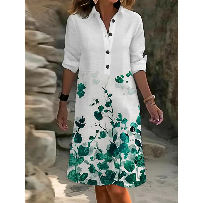 2023 Lente damesjurk Casual mode bedrukte overhemdkraag gesplitst lange mouw V-hals half vest