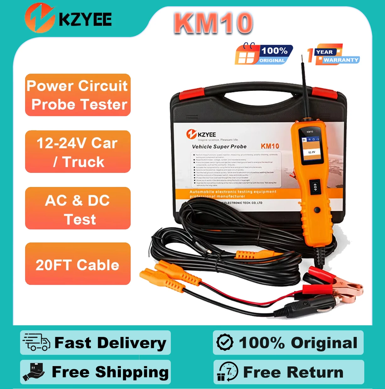 

KZYEE KM10 Car Power Circuit Probe Tester With 20FT Cable for 12-24V Car/Truck AC&DC Electrical System Test Diagnostic Tools