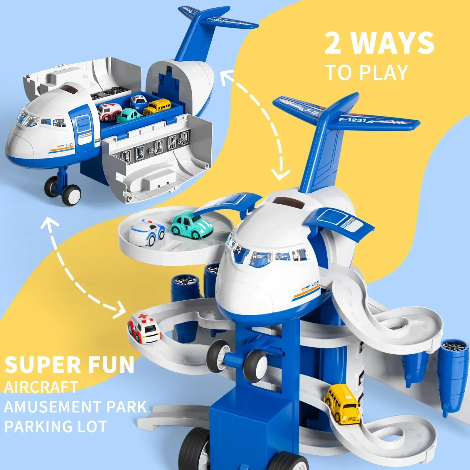 ชุดรางรถไฟรถยนต์ 2in1 สำหรับเด็ก พร้อมเครื่องบินแปลงร่างจำลอง รถรางวิ่งตามแรงเฉื่อยพร้อมเสียงและไฟ ของขวัญคริสต์มาสสำหรับเด็ก