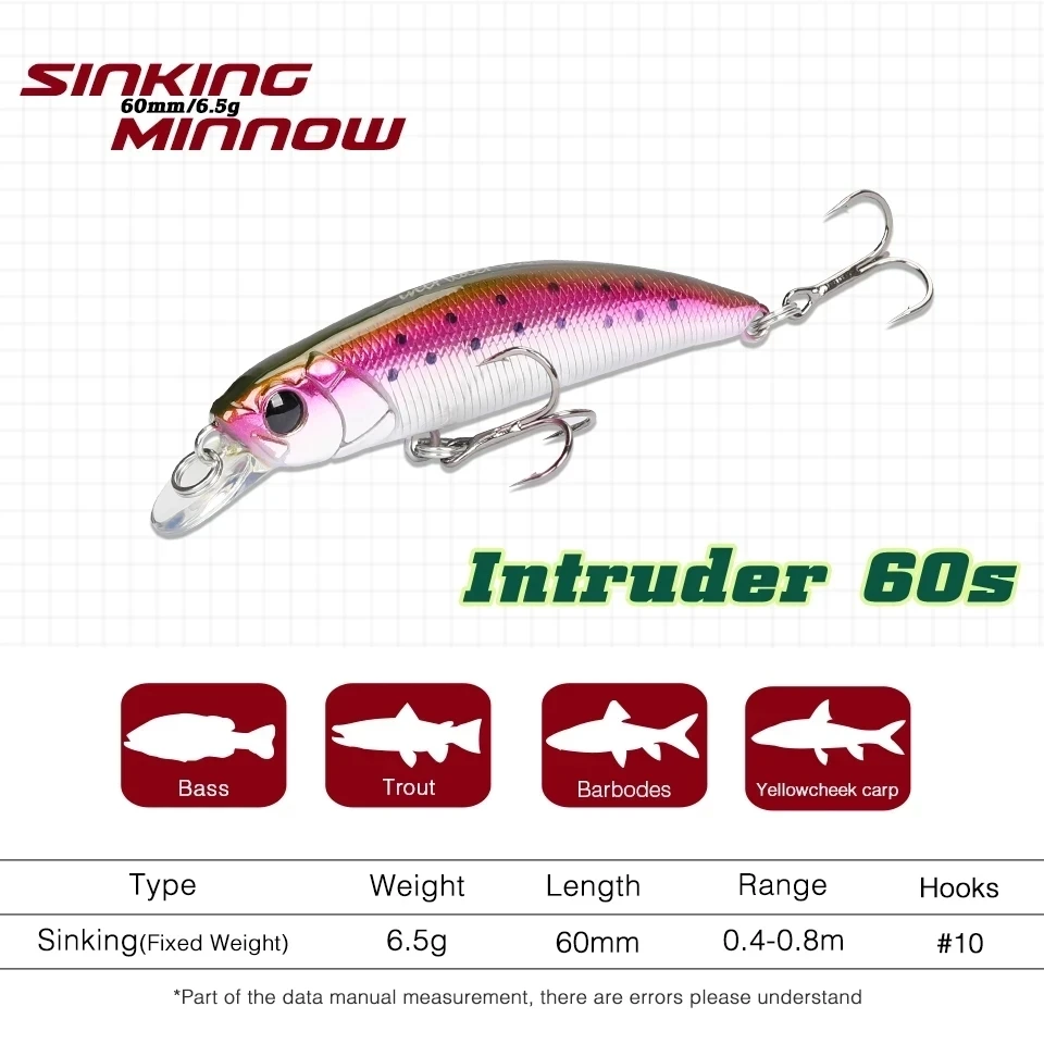 TSURINOYA  Sinking Minnow Fishing Lure INTRUDER 60S  60mm 6.5g Artificial Hard Baits Trout Pike Bass Jerkbait Wobbler